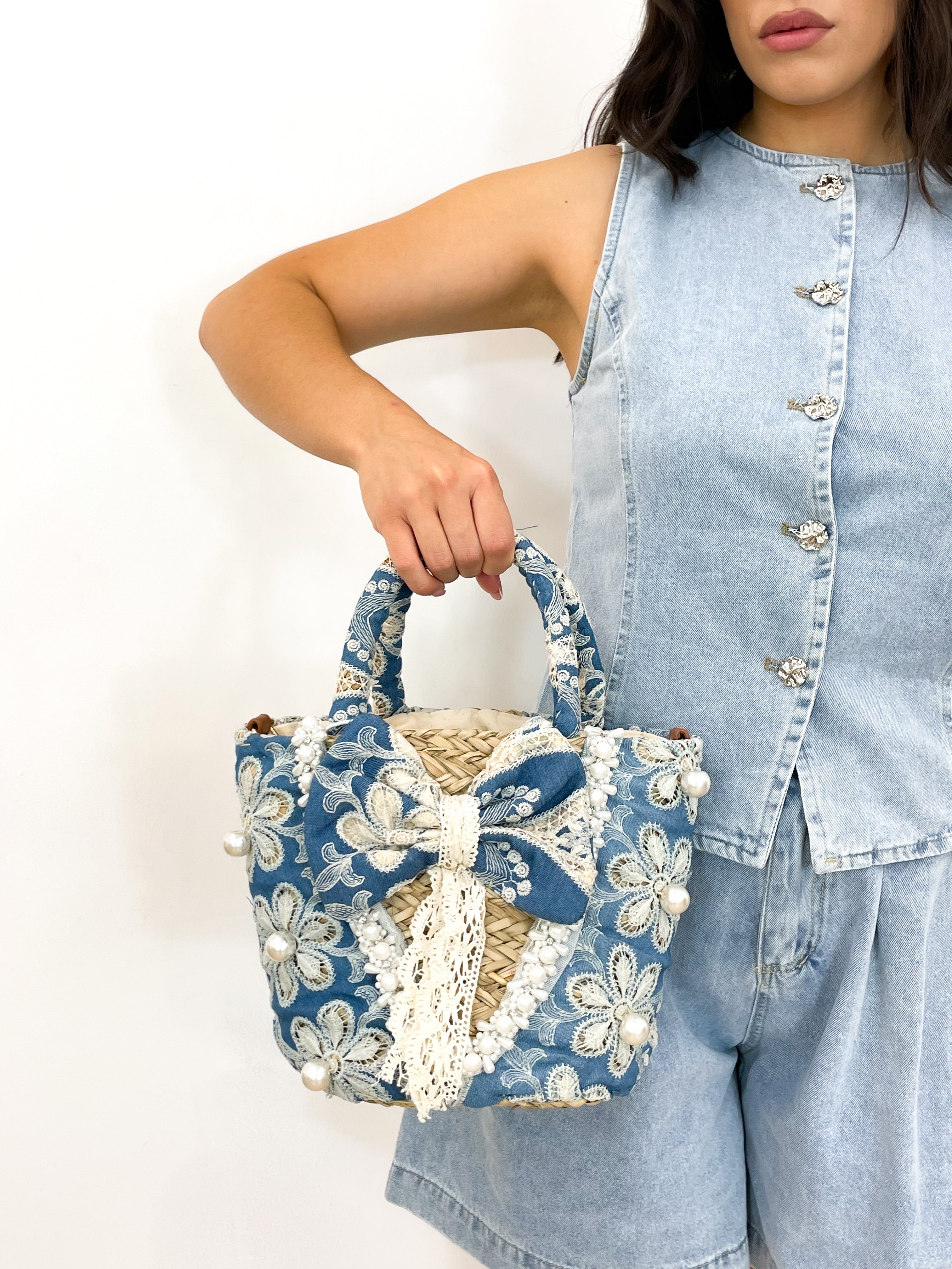 Borsa secchiello denim/rafia