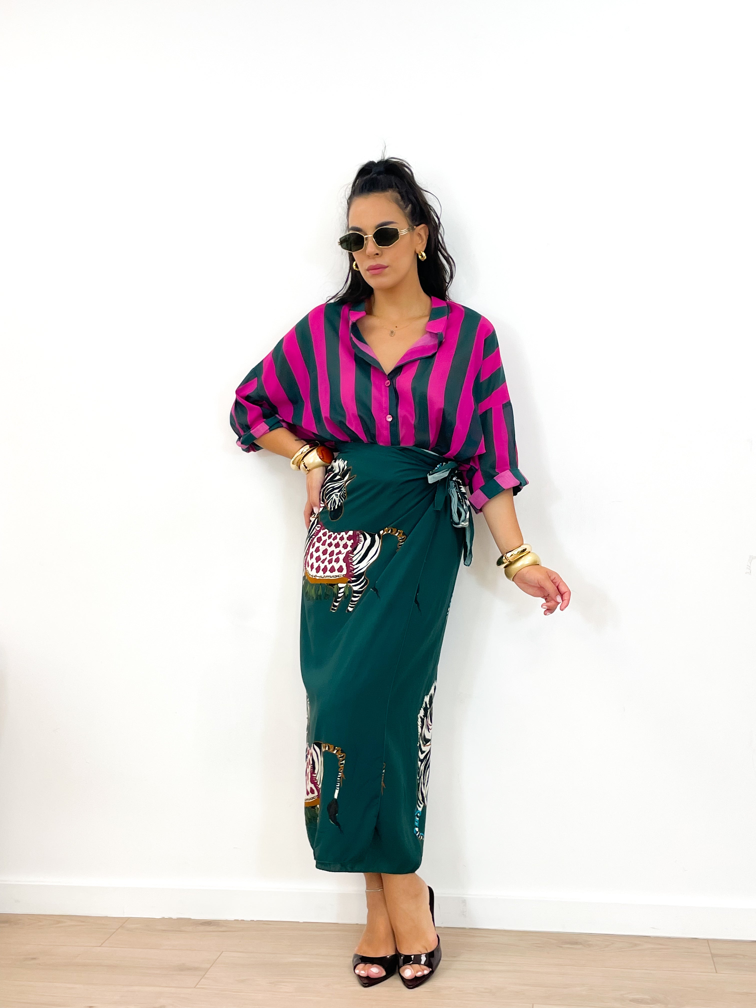 Camicia DOLL fucsia/verde bottiglia