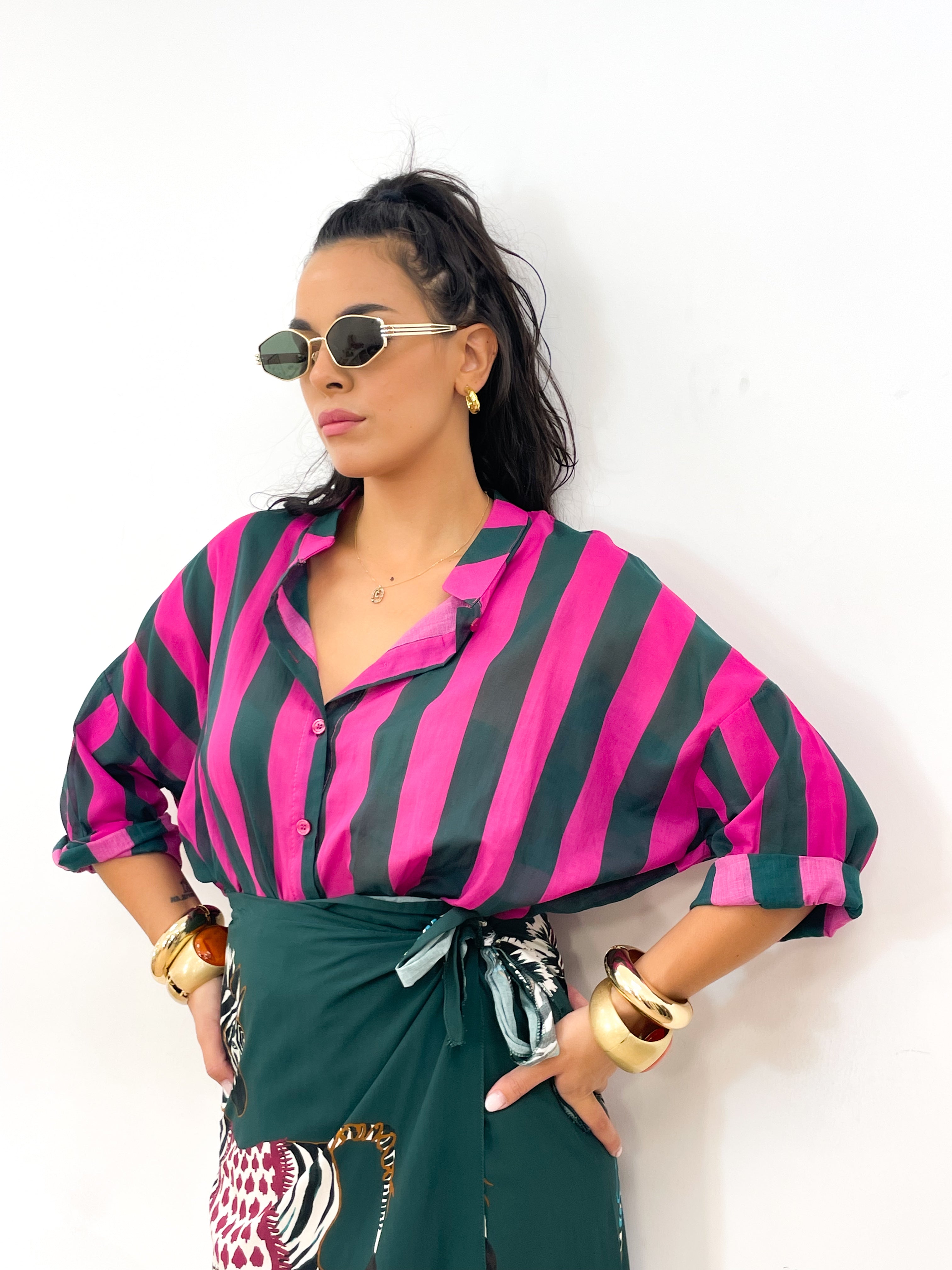 Camicia DOLL fucsia/verde bottiglia