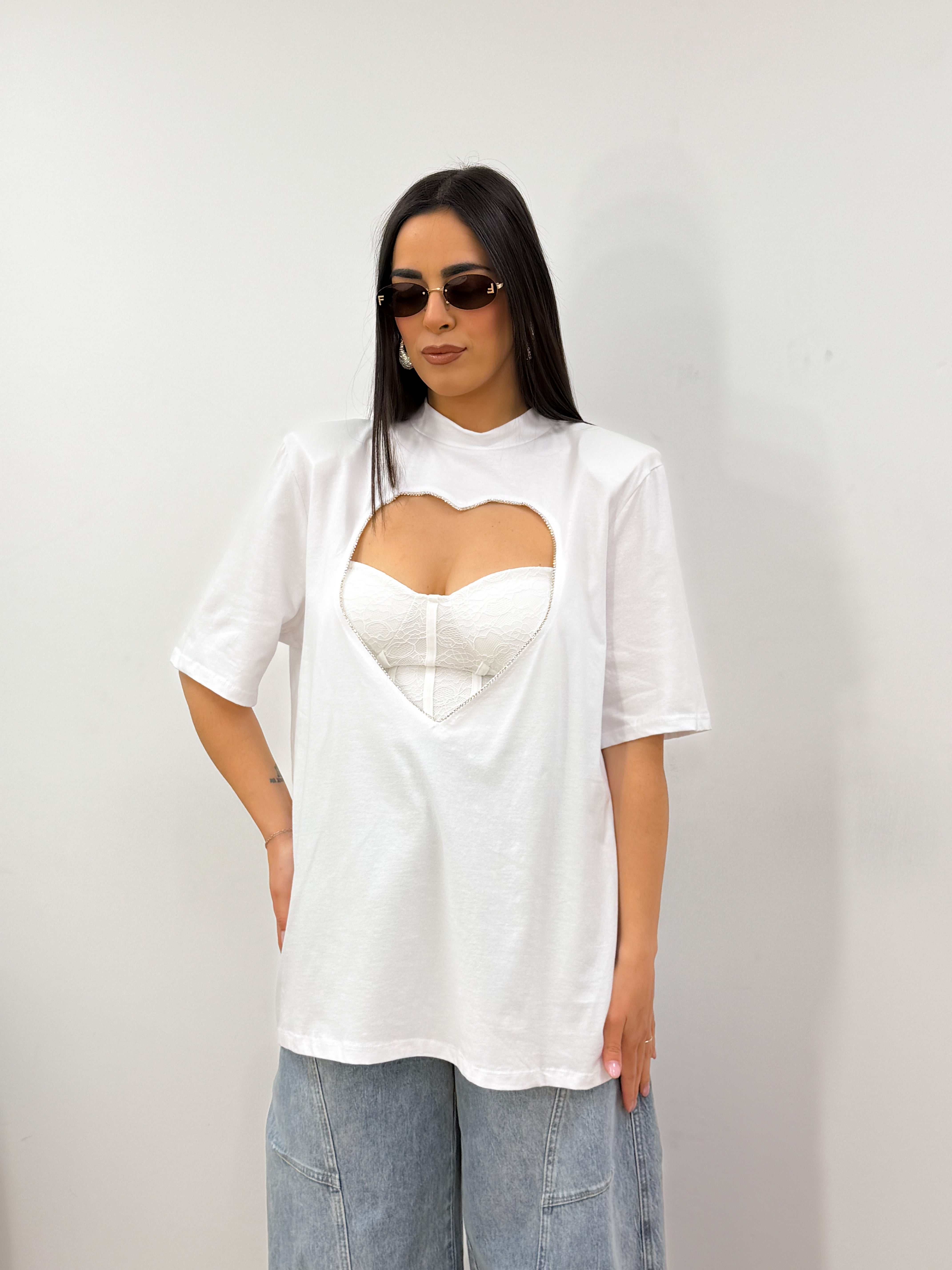T-shirt cuore strass bianco