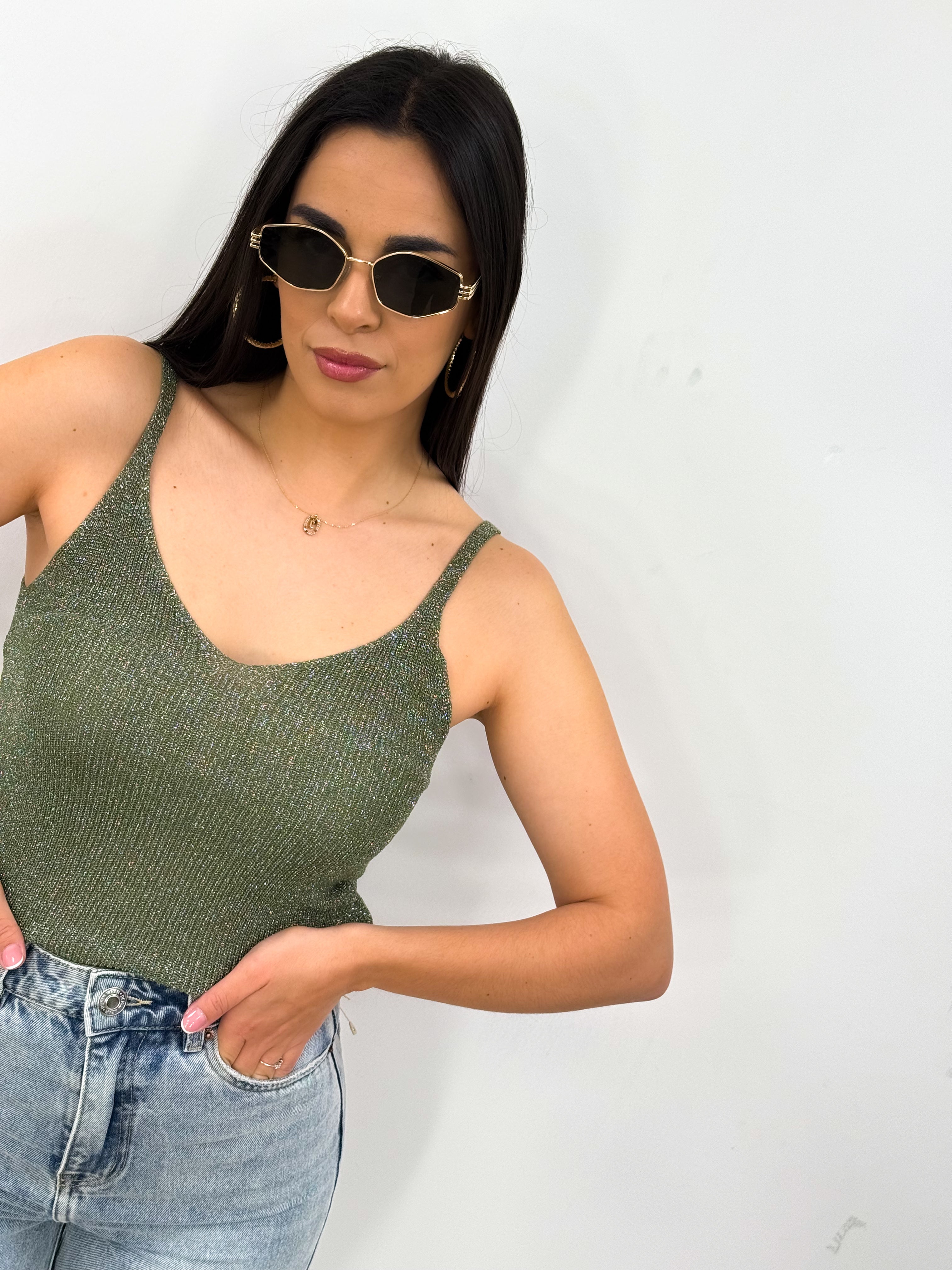 Top in filo LUREX verde oliva