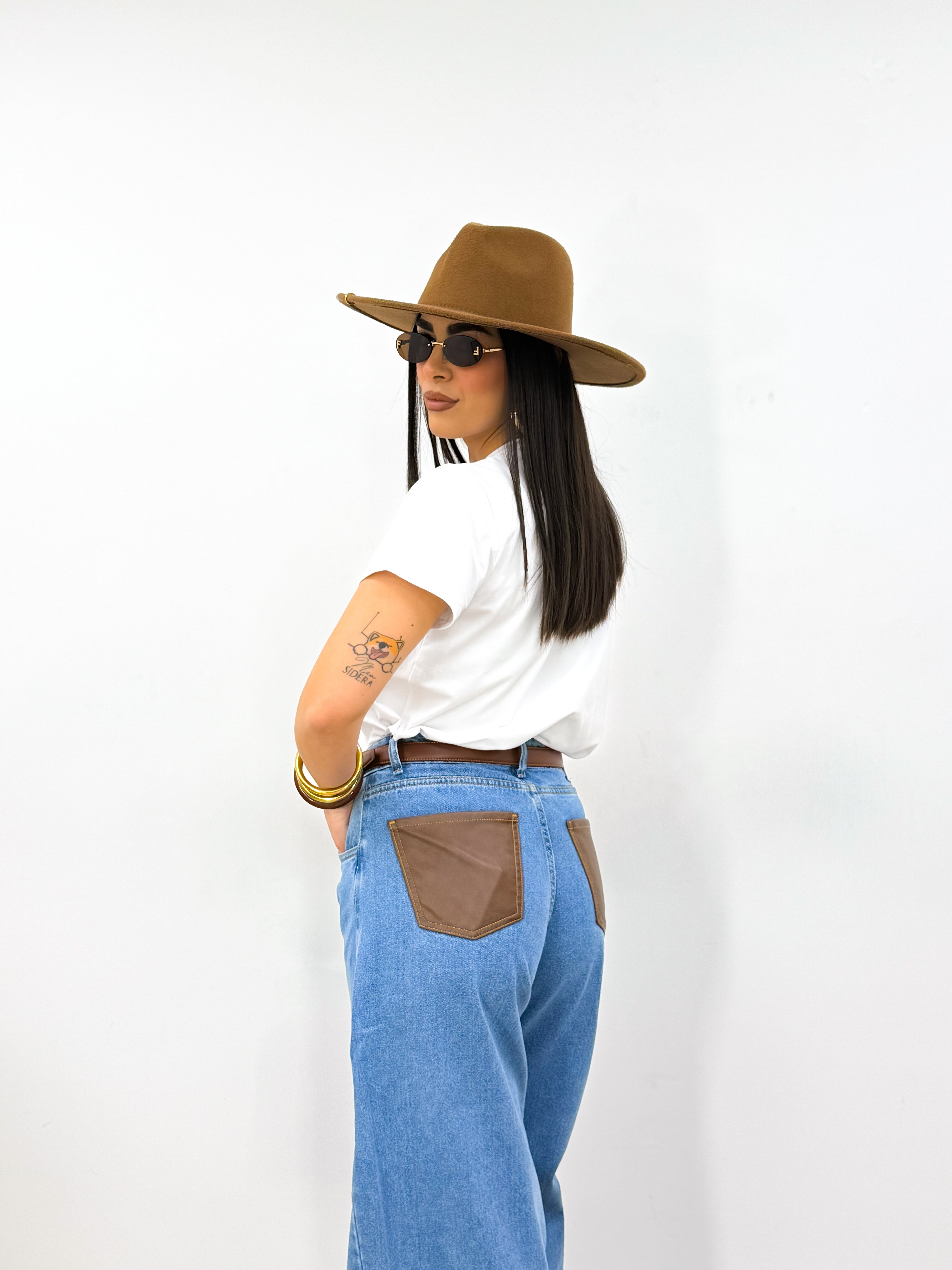 Jeans 085 tasche di pelle marrone