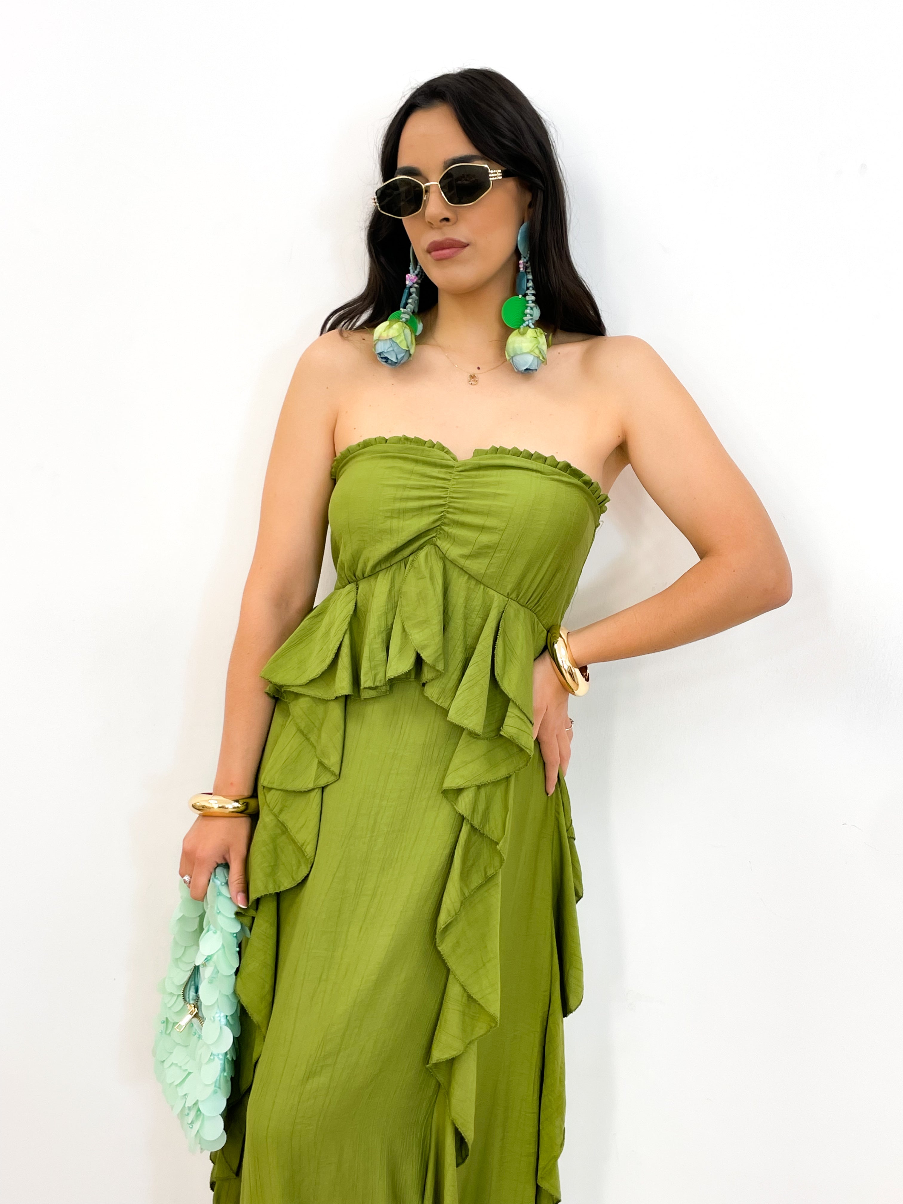 Abito MADELINE volant verde acido